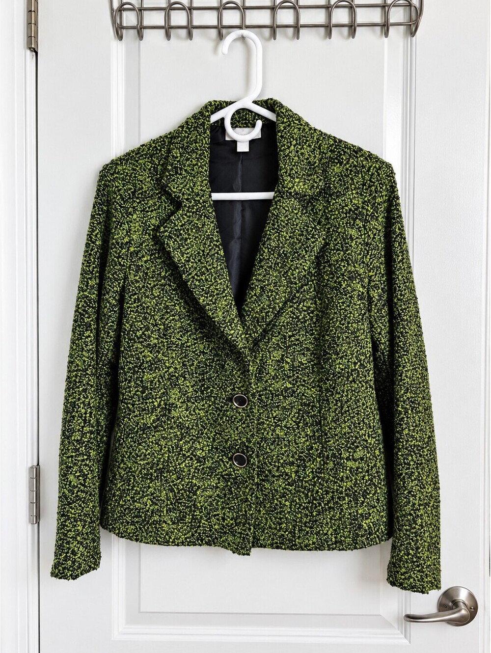 Dressbarn Women’s Green Black Textured Bouclé Blazer Jacket Size L USA Made